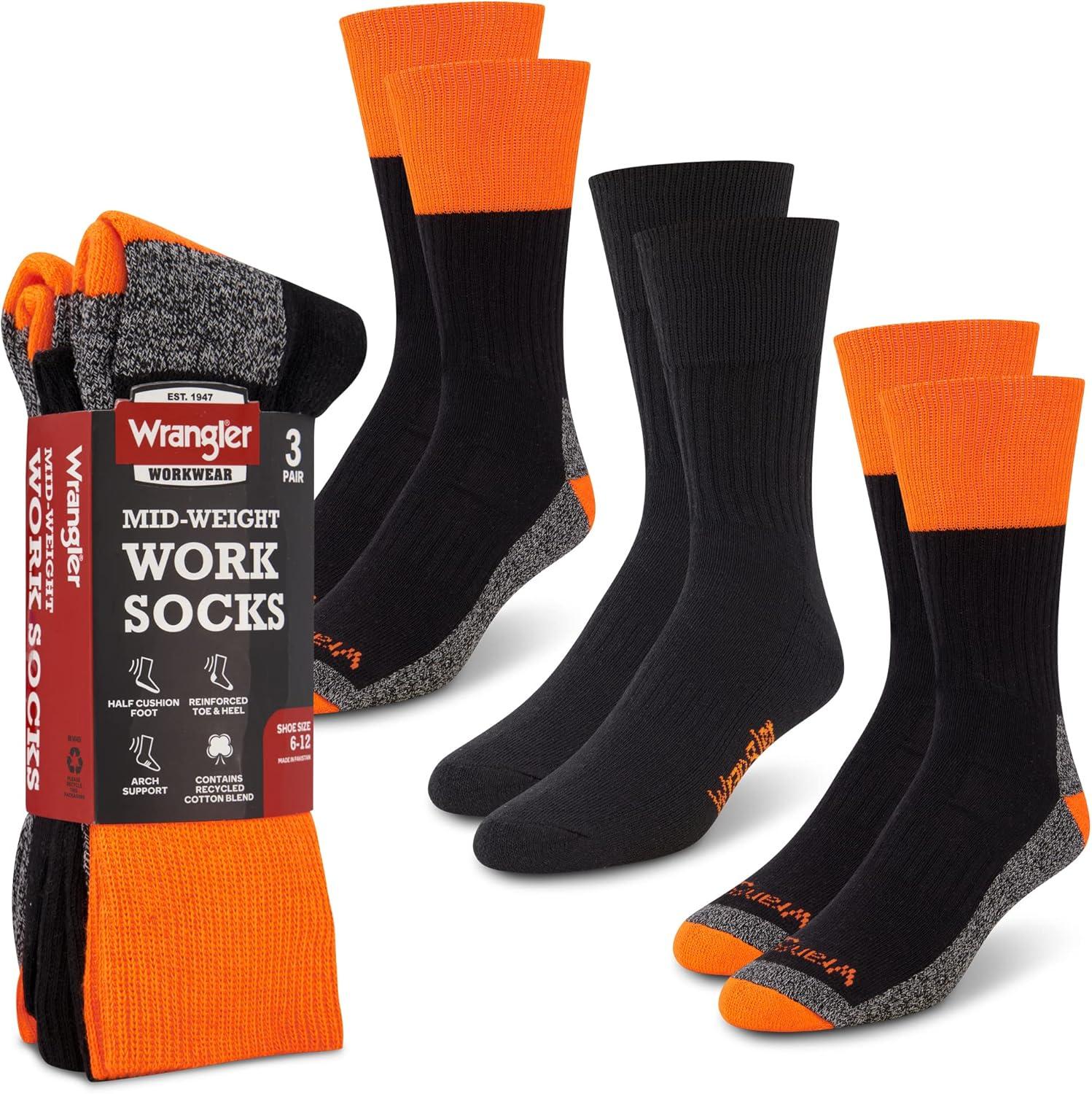 imageWrangler HiVis Work Socks for Men Cushioned Crew Boot Socks with Arch Support Reinforced Heel ampamp Toe Size 612BlackOrange