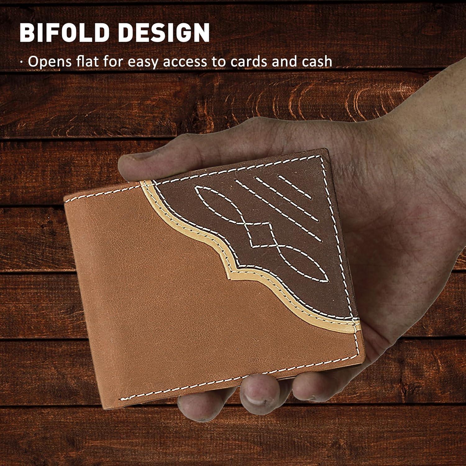 imageWrangler Mens Bifold Wallet with Contrast Corner Patch Genuine Leather Gift for HimBrown