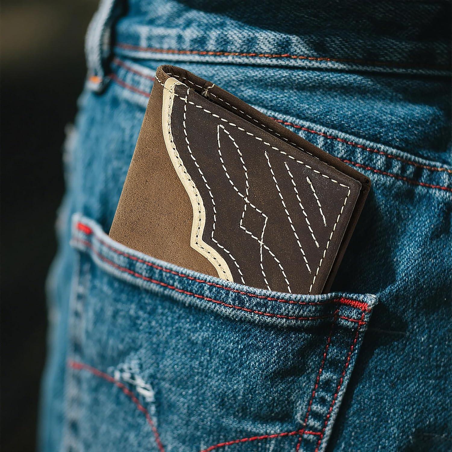 imageWrangler Mens Bifold Wallet with Contrast Corner Patch Genuine Leather Gift for HimBrown Vertical