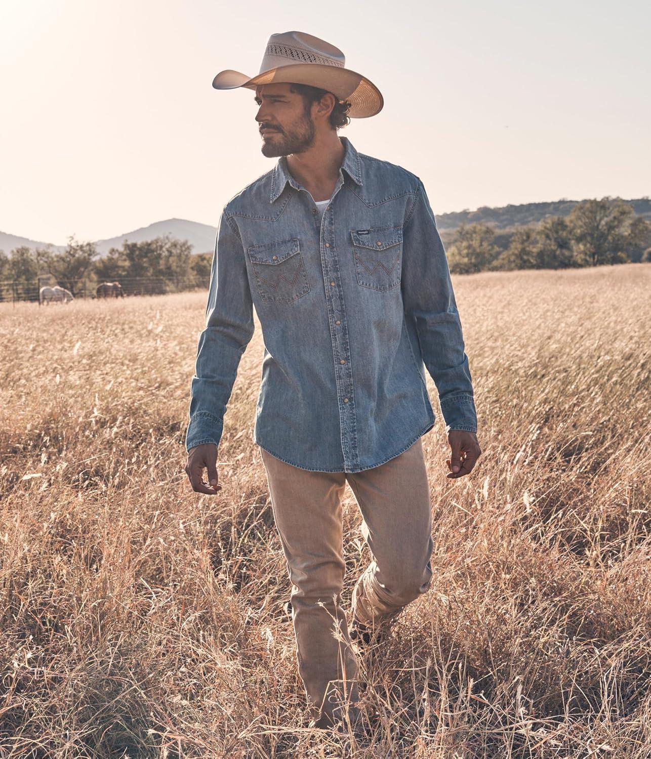 imageWrangler Mens Denim Light Wash Long Sleeve Snap ShirtDark Wash Denim