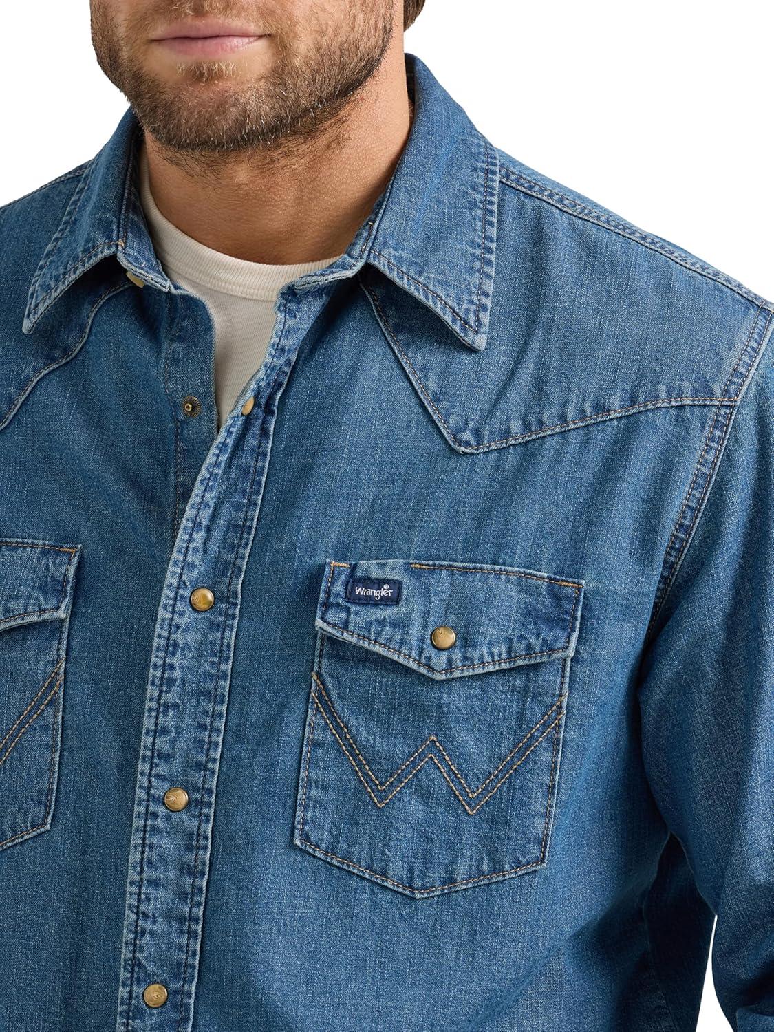 imageWrangler Mens Denim Light Wash Long Sleeve Snap ShirtDark Wash Denim