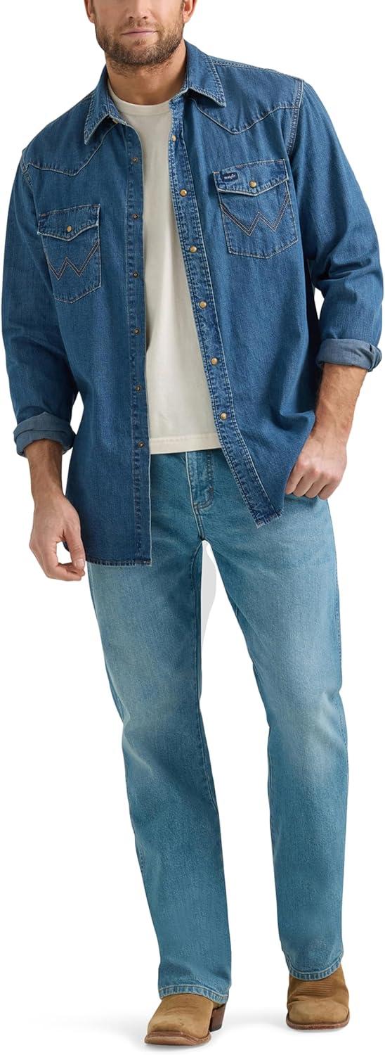 imageWrangler Mens Denim Light Wash Long Sleeve Snap ShirtDark Wash Denim