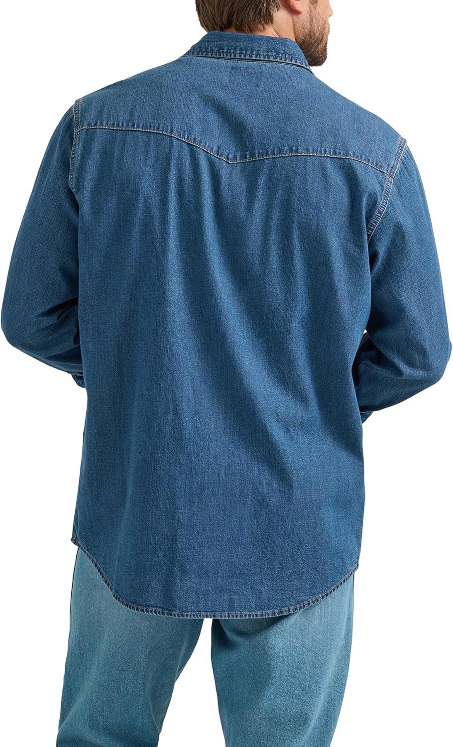 imageWrangler Mens Denim Light Wash Long Sleeve Snap ShirtDark Wash Denim