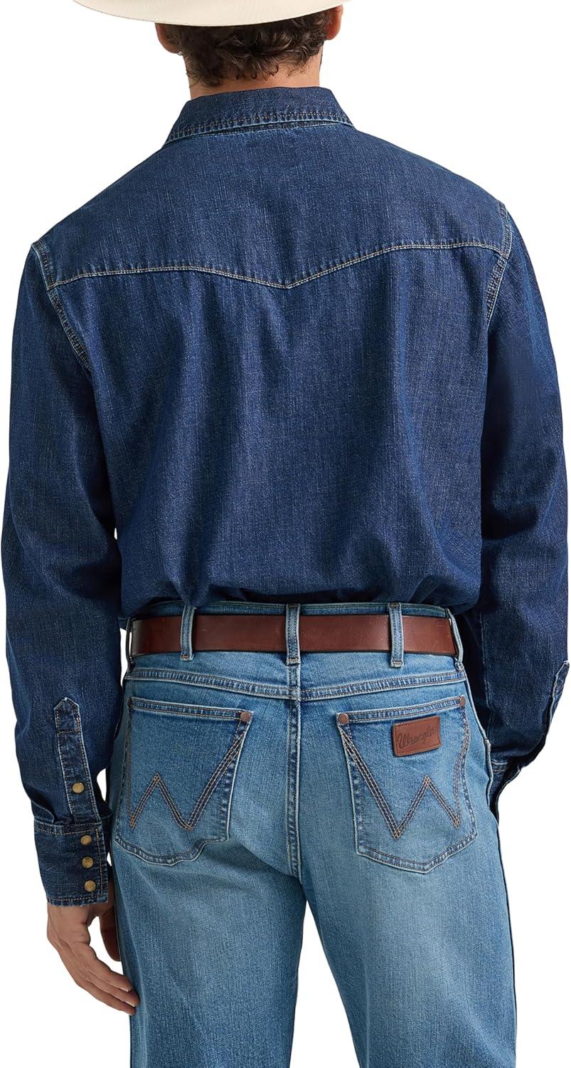 imageWrangler Mens Denim Light Wash Long Sleeve Snap ShirtMid Wash Denim
