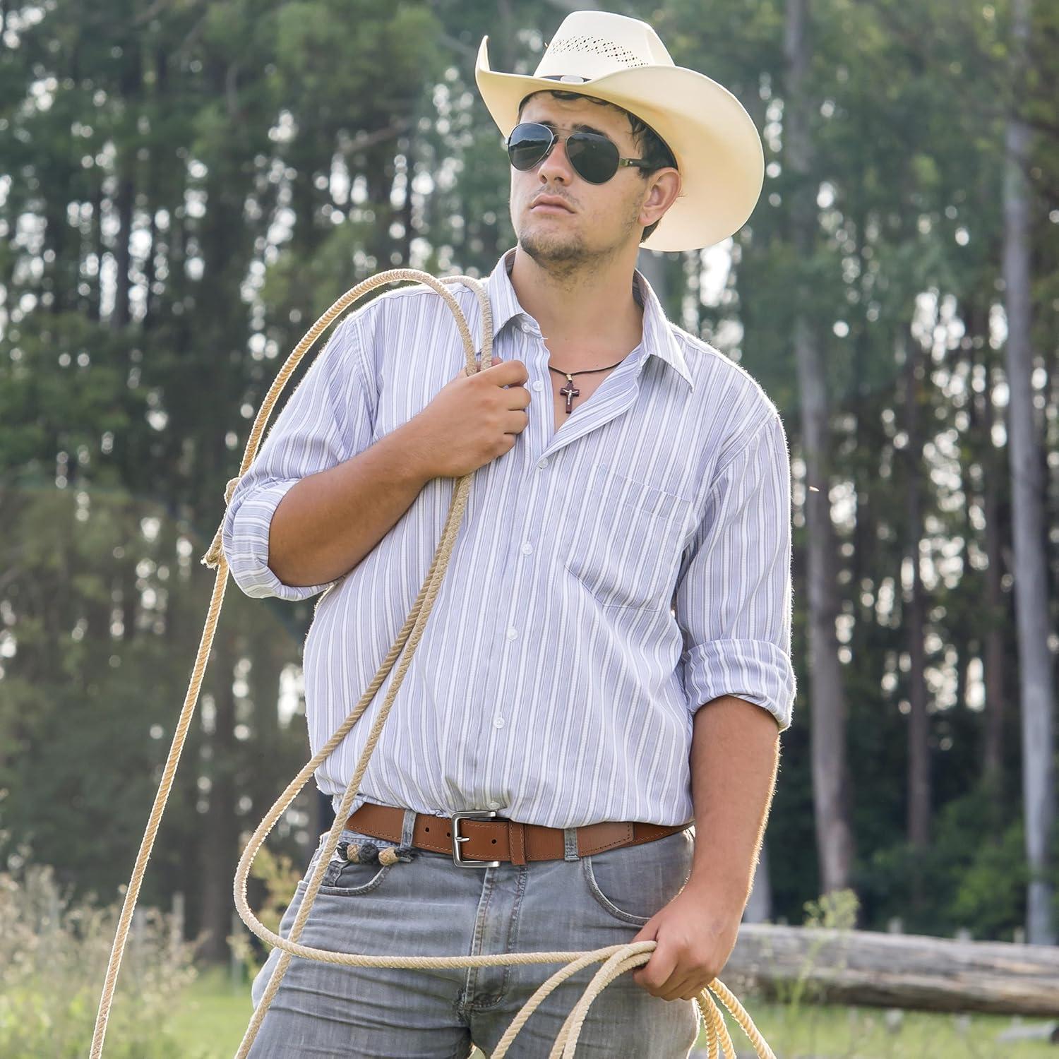 imageWrangler Mens Leather Belt Country Casual Every Day Belt for JeansLight Brown