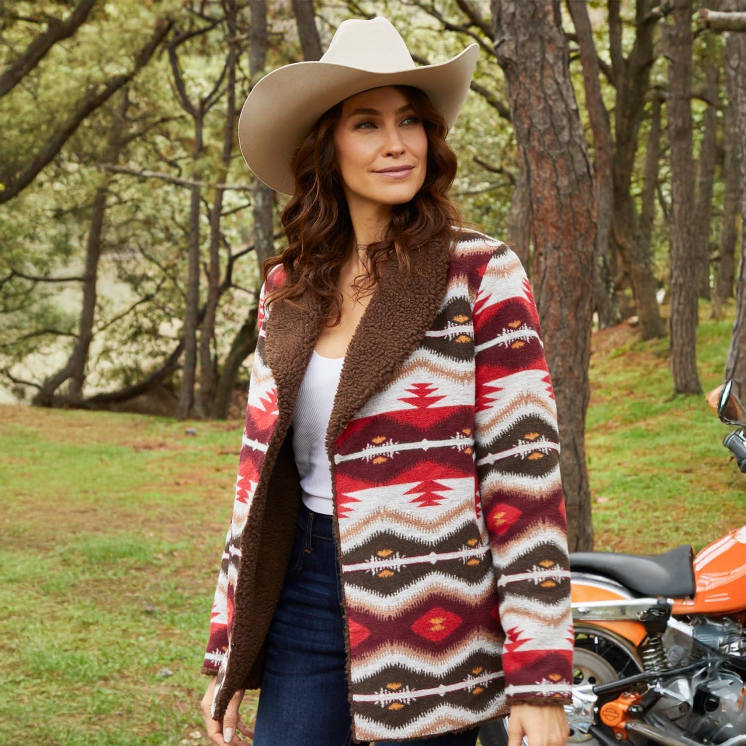 imageWrangler Womens Brown Woven Jacket with Soft Sherpa Collar and Cozy Lining