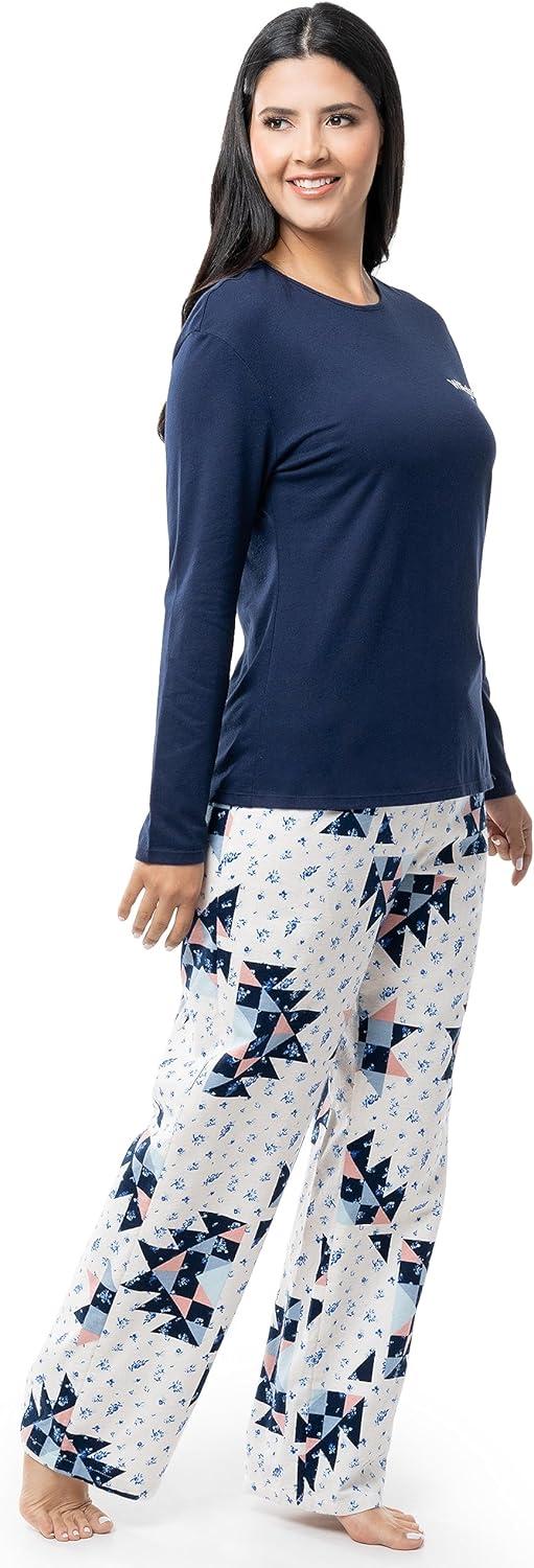 imageWrangler Womens Jersey Top and Flannel Pant Sleep Pajama SetBlue