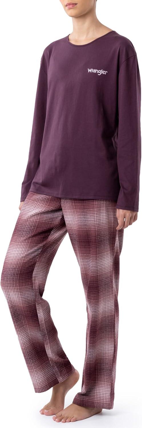 imageWrangler Womens Jersey Top and Flannel Pant Sleep Pajama SetWineOmbre Plaid