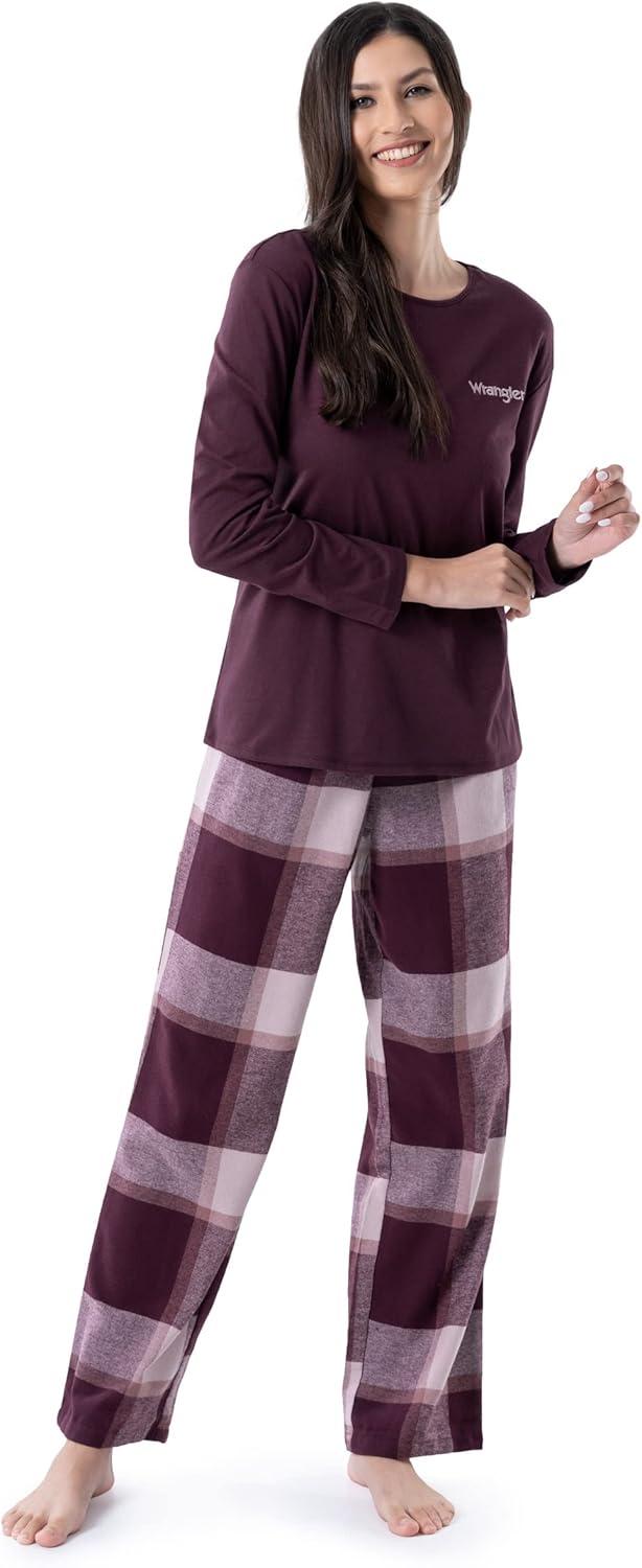 imageWrangler Womens Jersey Top and Flannel Pant Sleep Pajama SetWinePlaid