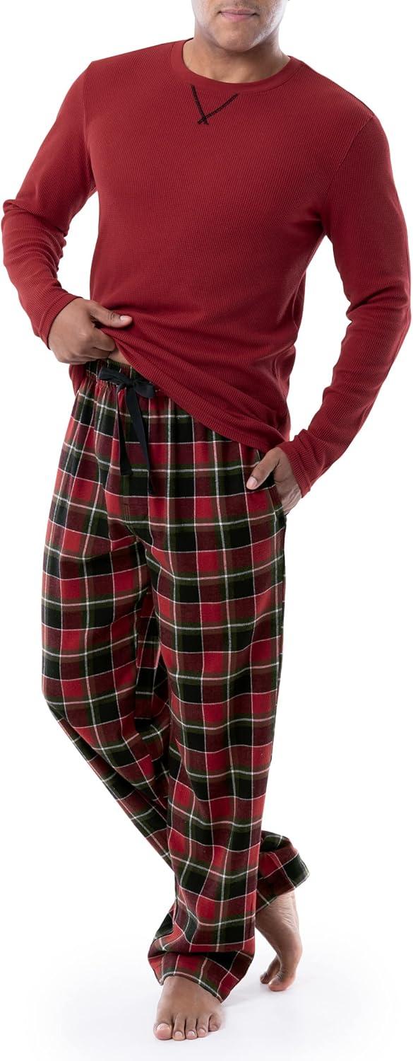 imageWrangler mens Waffle Knit Top and Flannel Pajama Pant Pajama Sleep SetRedPlaid