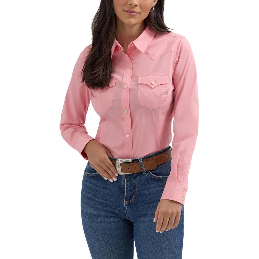 imageWomens Retro Long Sleeve Cool Blue Solid Western ShirtPink