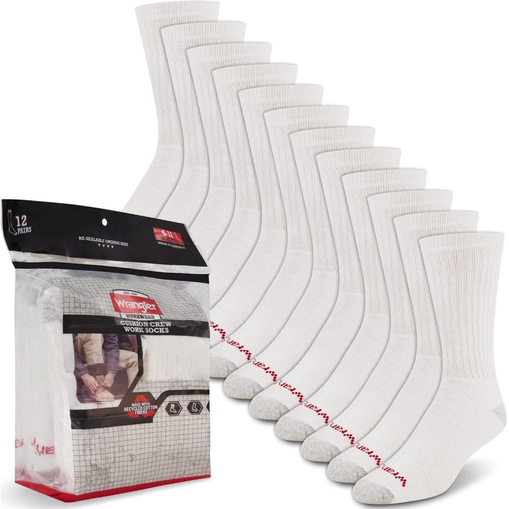 imageWrangler Mens Socks Cushion Work Crew Socks Size 612 12 PackWhite