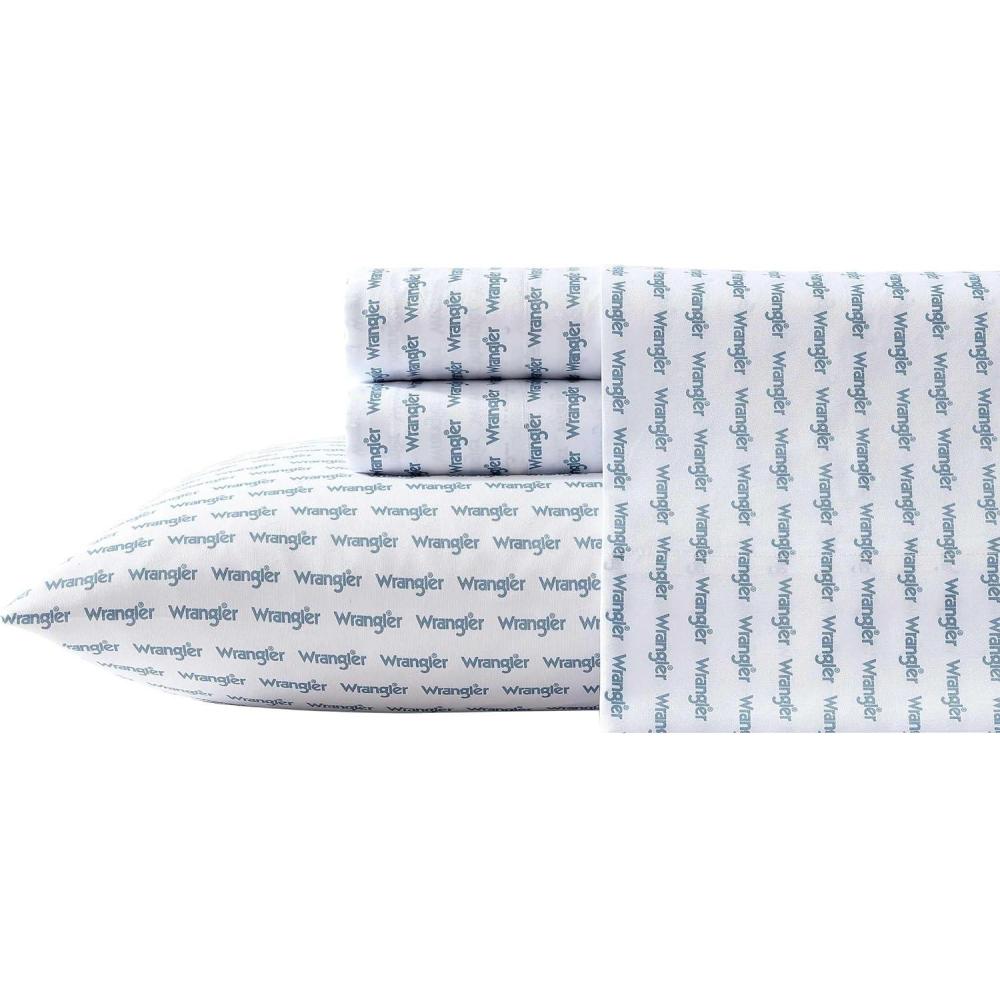 imageWrangler  Twin Size Sheet Set UltraSoft ampamp WrinkleResistant Bedding for Year Round Comfort Deep Pockets Bed Sheets with Matching Fitted Sheet ampamp Pillowcase Cowboy Pinstripe BlueStamped Logo Blue