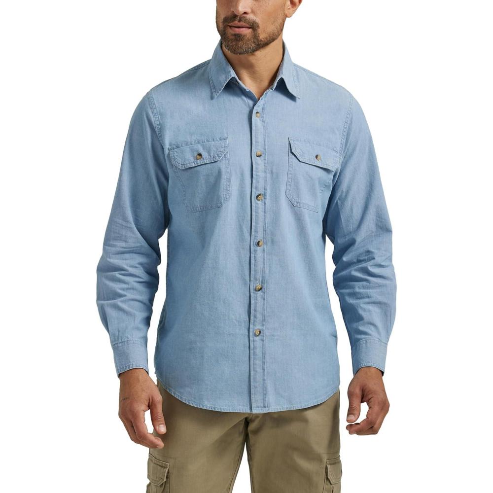 imageWrangler Authentics Mens Long Sleeve Classic Woven ShirtLight Chambray