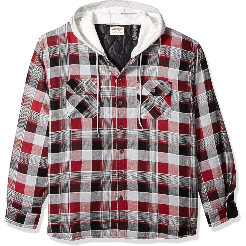 imageWrangler Authentics Mens Long Sleeve Quilted Lined Flannel Shirt Jacket with HoodBiking Red
