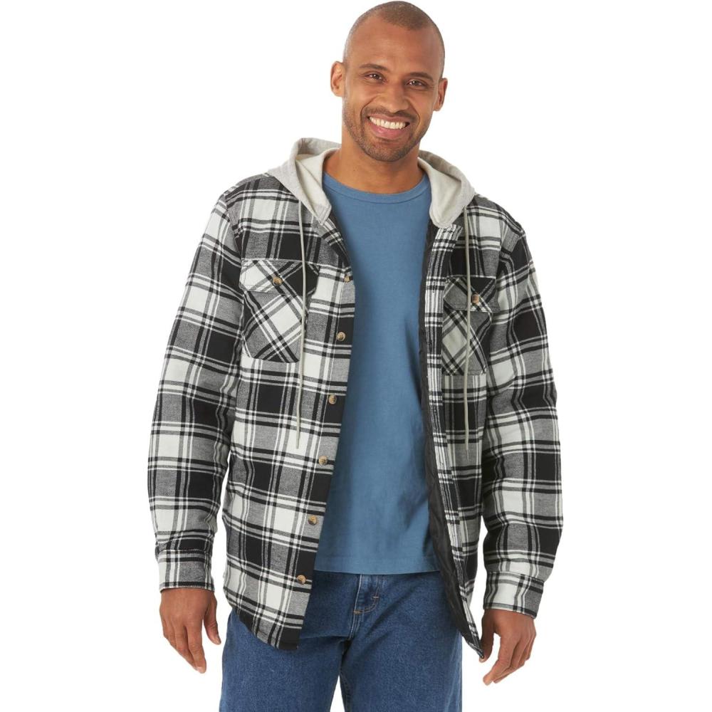 imageWrangler Authentics Mens Long Sleeve Quilted Lined Flannel Shirt Jacket with HoodCaviar With Black Hood