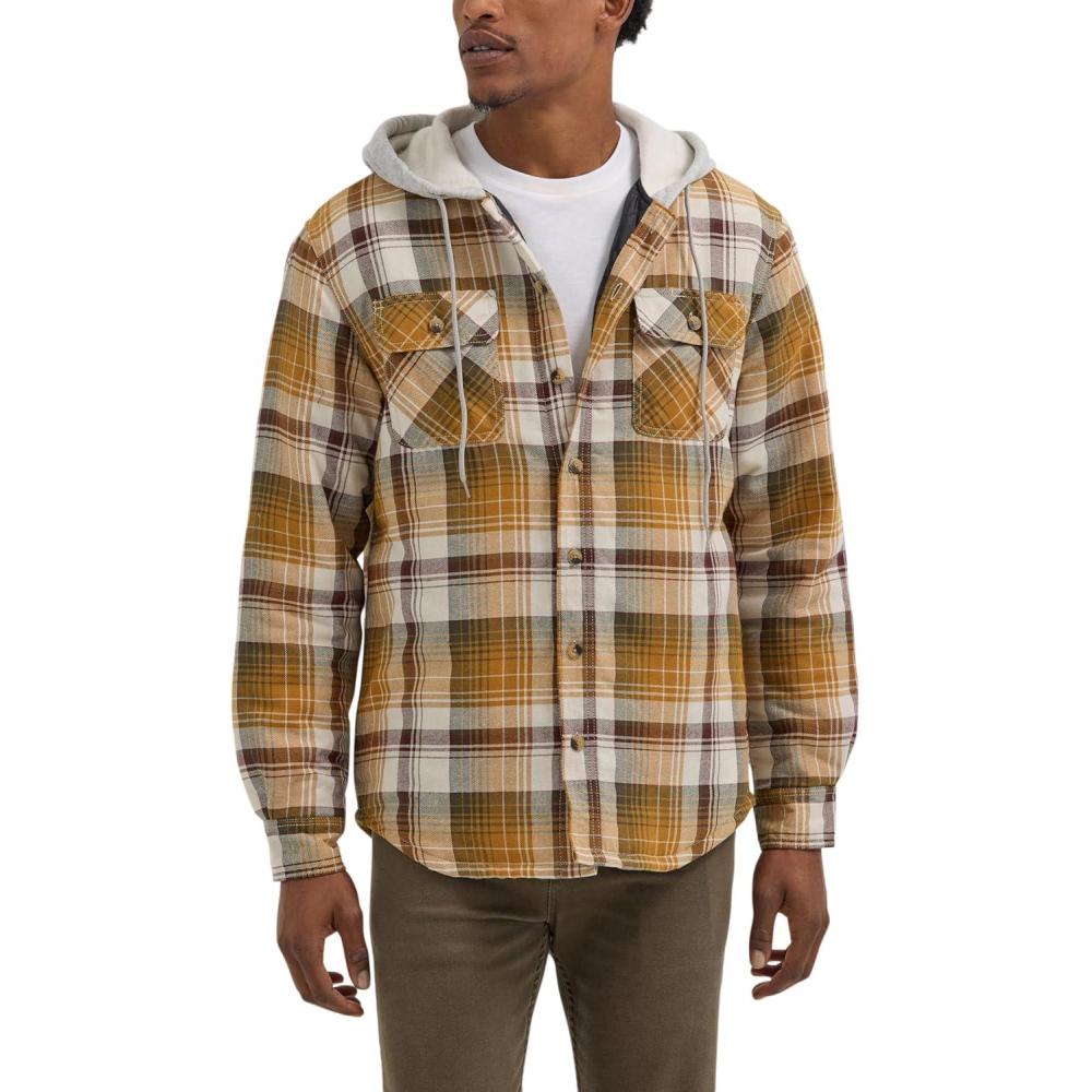 imageWrangler Authentics Mens Long Sleeve Quilted Lined Flannel Shirt Jacket with HoodGolden Brown