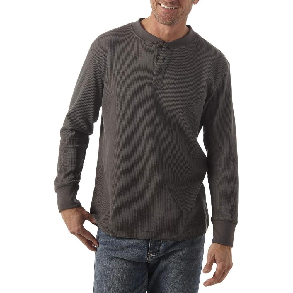 imageWrangler Authentics Mens Long Sleeve Waffle HenleyDark Charcoal