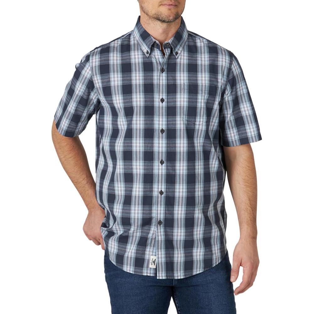imageWrangler Authentics Mens Short Sleeve Classic Plaid ShirtBlue Nights Plaid