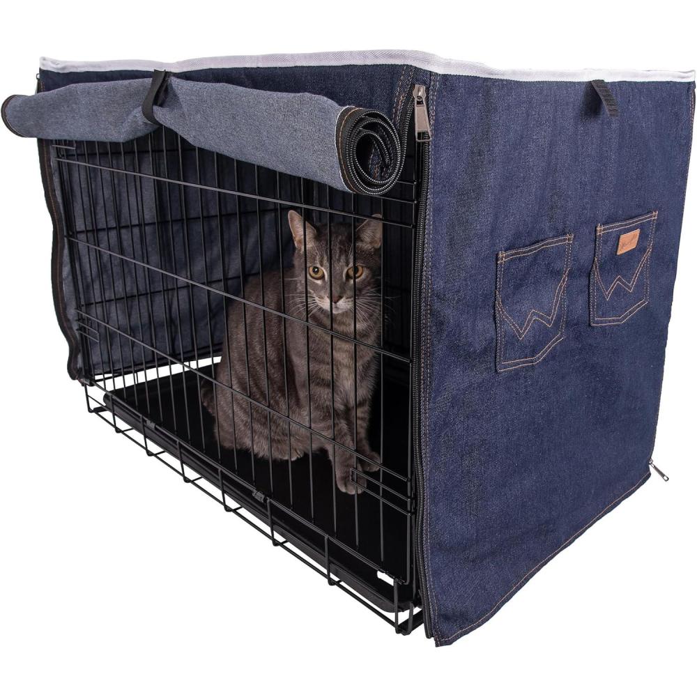 imageWrangler Denim Dog Crate Cover Durable Breathable ampamp Stylish Dog Kennel Cover with Rollable Panels ampamp Front Pocket for Accesories Machine Washable Crate Covers for Dog Cages MS
