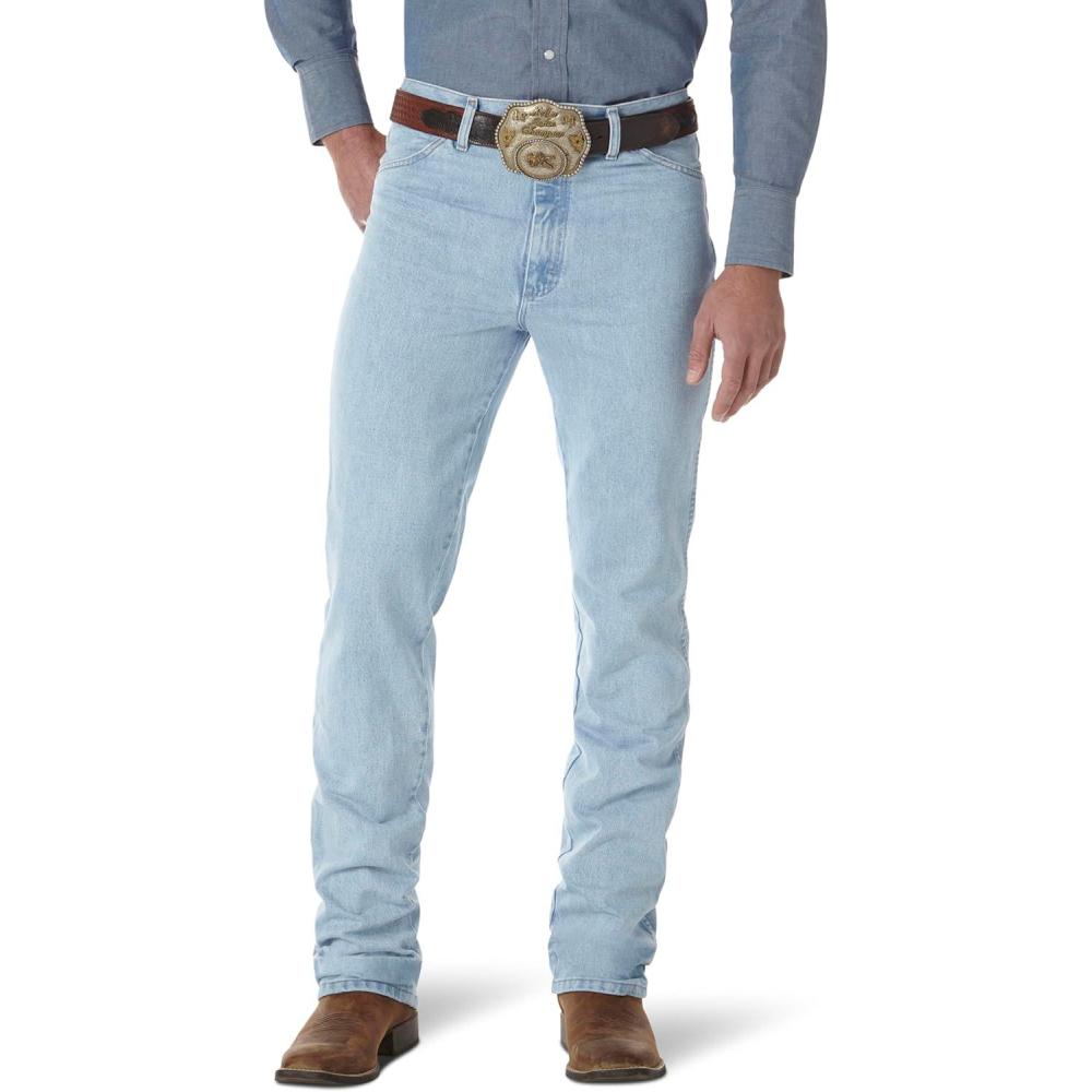 imageWrangler Mens 0936 Cowboy Cut Slim Fit JeanGold Buckle Bleach