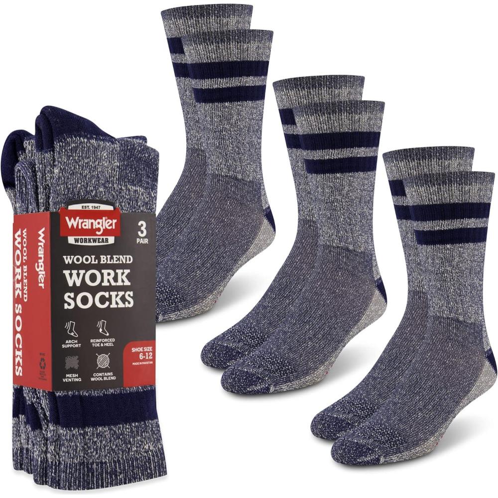 imageWrangler Mens Blended Wool Work Socks  Crew Socks for Hiking Boots ampamp AllWeather Wear with Arch Support  Size 612Blue