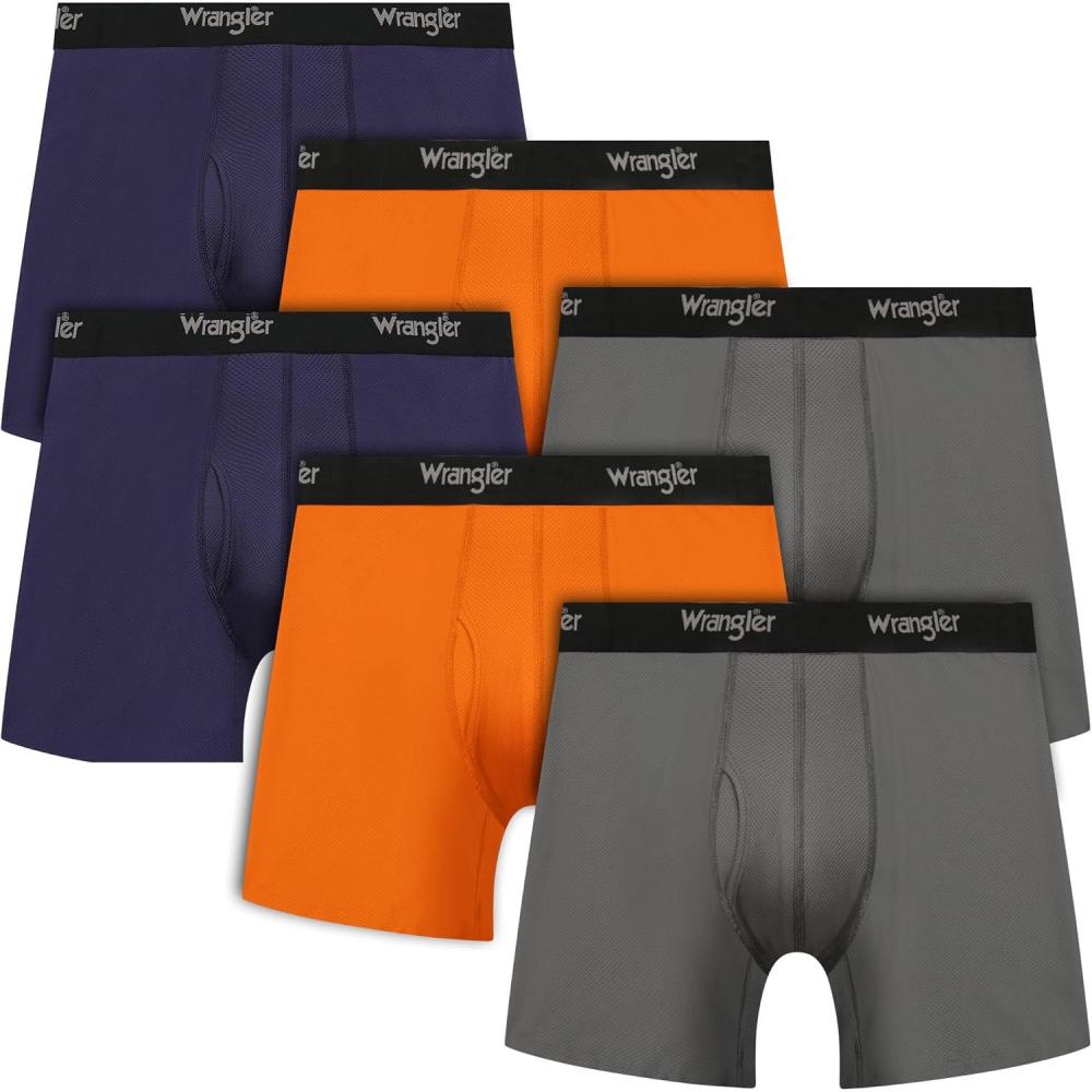 imageWrangler Mens Cooling Boxer Briefs 6 Inseam MoistureWicking Stretch Fabric Pack of 6 Quick DryNavyOrangeGrey