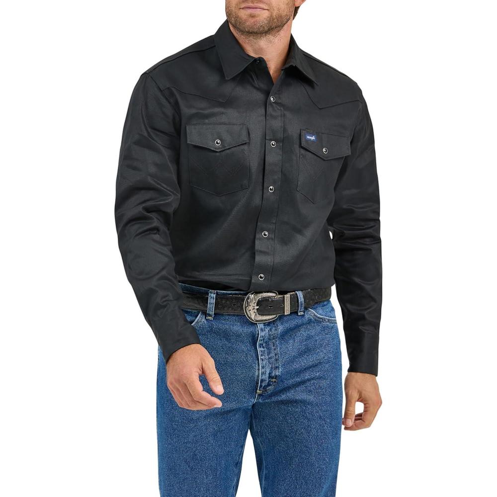 imageWrangler Mens Cowboy Cut Western Chambray Snap Long Sleeve Work ShirtBlack