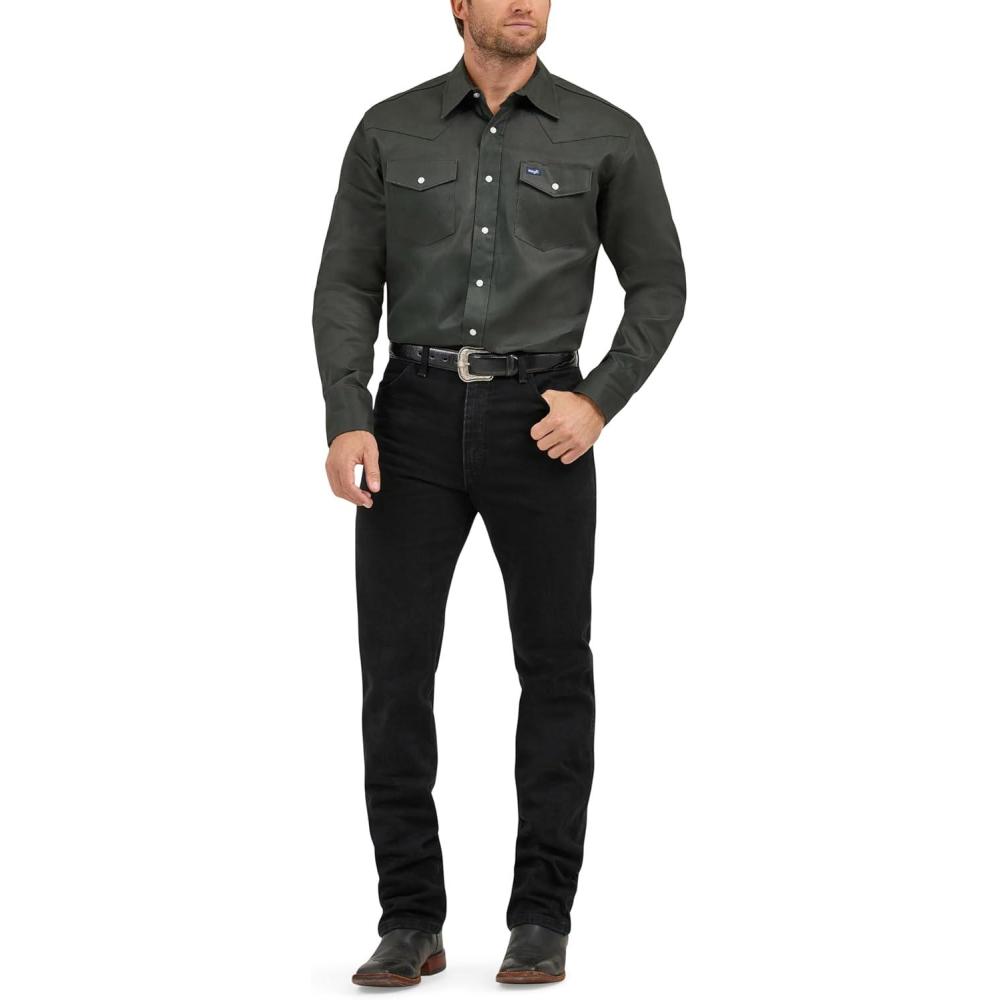 imageWrangler Mens Cowboy Cut Western Chambray Snap Long Sleeve Work ShirtBlack Forest Green