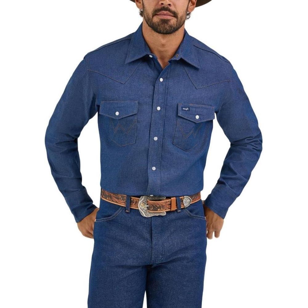 imageWrangler Mens Cowboy Cut Western Chambray Snap Long Sleeve Work ShirtIndigo