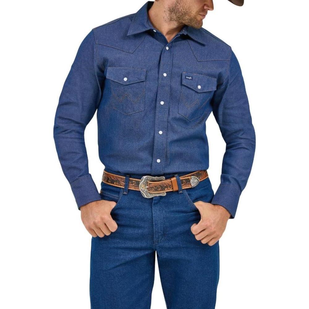 imageWrangler Mens Cowboy Cut Western Chambray Snap Long Sleeve Work ShirtIndigo Denim