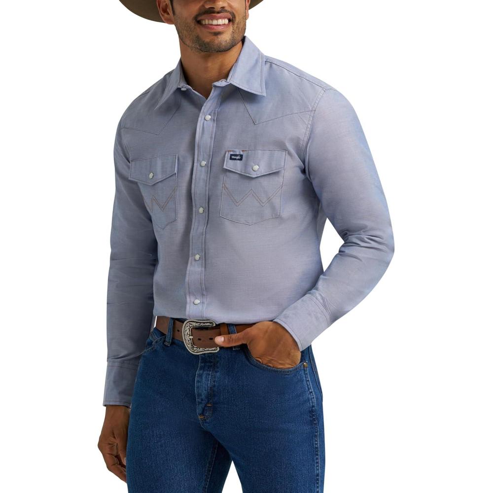 imageWrangler Mens Cowboy Cut Western Chambray Snap Long Sleeve Work ShirtLight Chambray