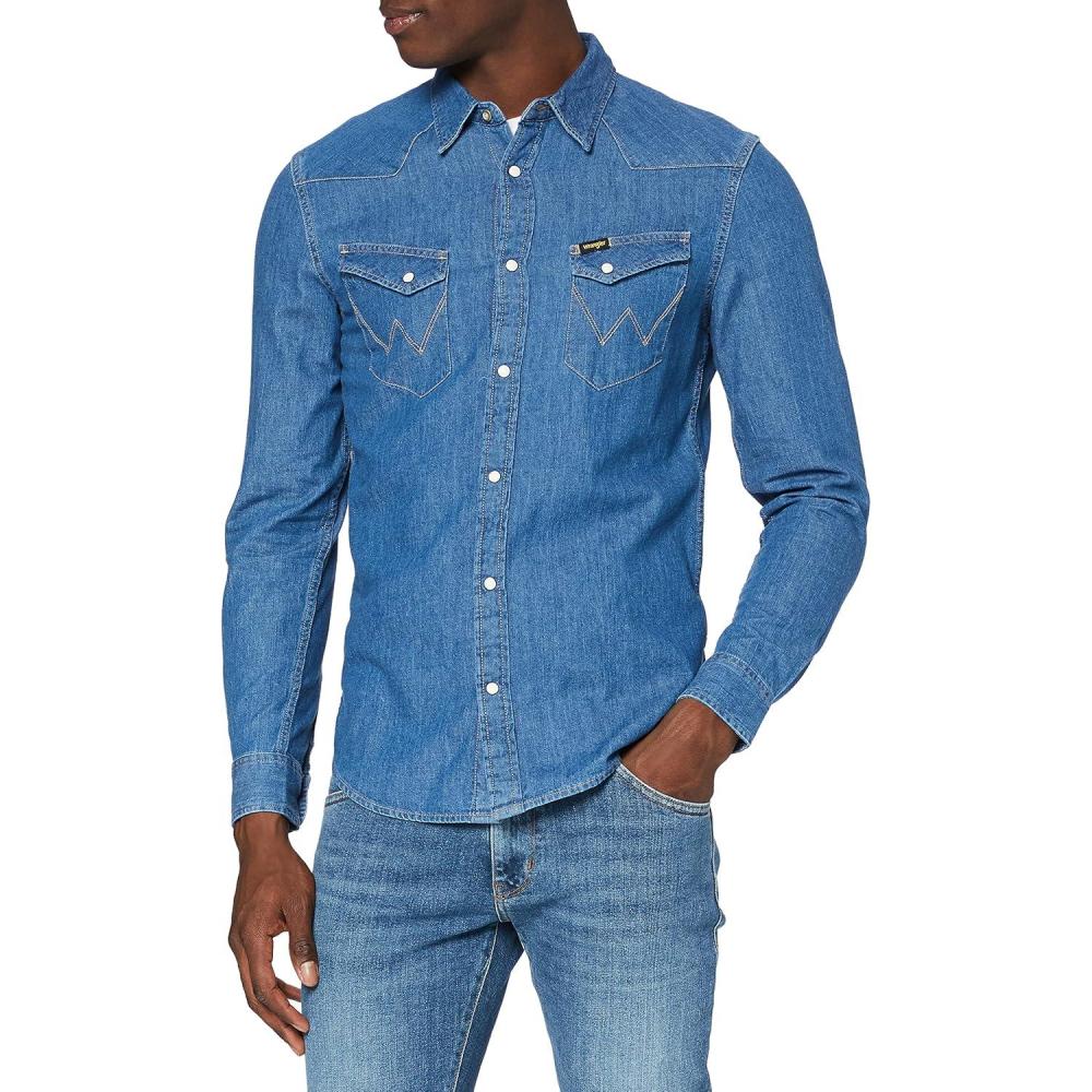 imageWrangler Mens Cowboy Cut Western Chambray Snap Long Sleeve Work ShirtMidstone Blue