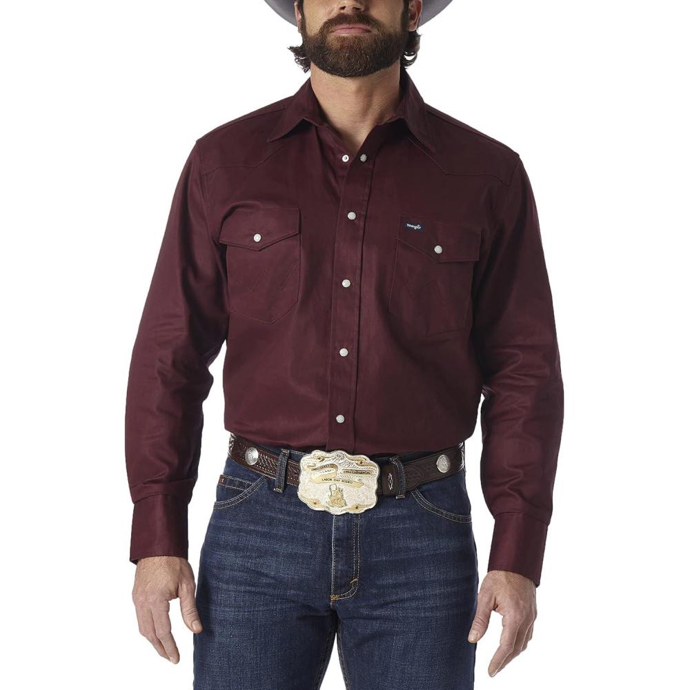 imageWrangler Mens Cowboy Cut Western Chambray Snap Long Sleeve Work ShirtRed Oxide