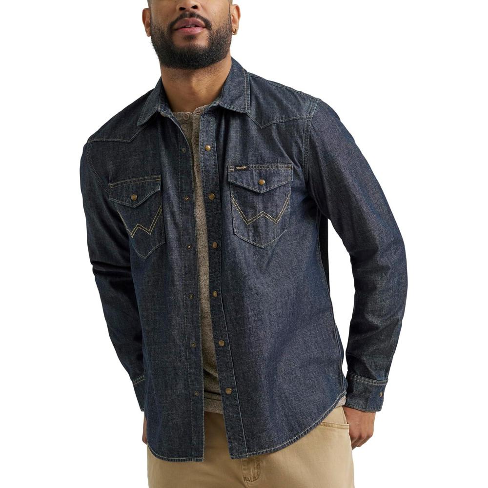 imageWrangler Mens Iconic Denim Regular Fit Snap ShirtCanyon Wash