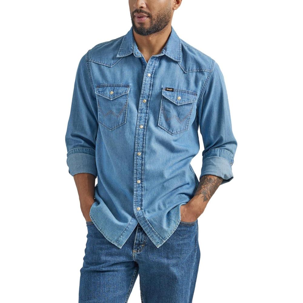 imageWrangler Mens Iconic Denim Regular Fit Snap ShirtLake Wash