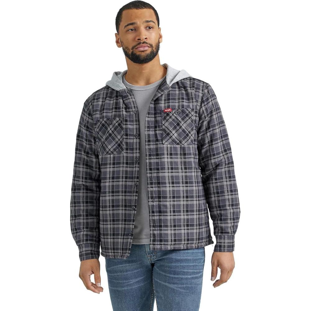 imageWrangler Mens LongSleeve ButtonFront Heavyweight Quilted Hooded Shirt JacketRaven Black