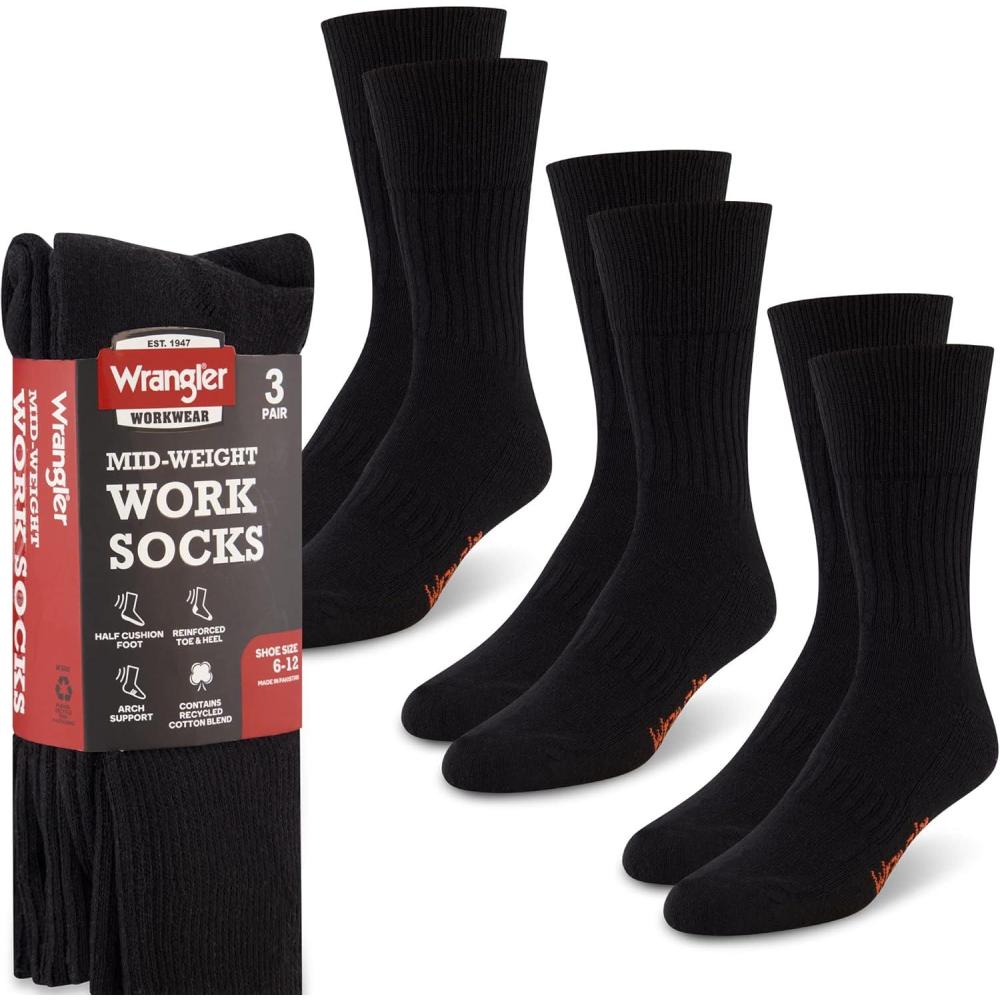 imageWrangler Mens Mid Weight Outdoor Socks Work Socks for Men with Arch Support Cushioned Toe ampamp Heel Size 612Black