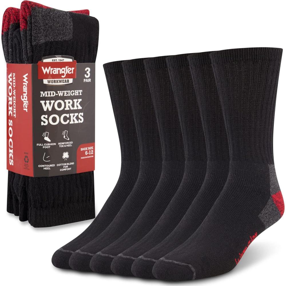 imageWrangler Mens Midweight Outdoor Work Socks Cushioned Arch Support Size 612 Recycled Cotton 3PackBlack RedGrey