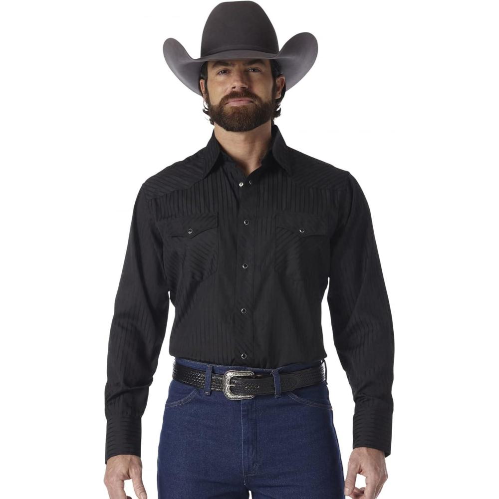 imageWrangler Mens Sport Western Two Pocket Long Sleeve Snap ShirtBlack