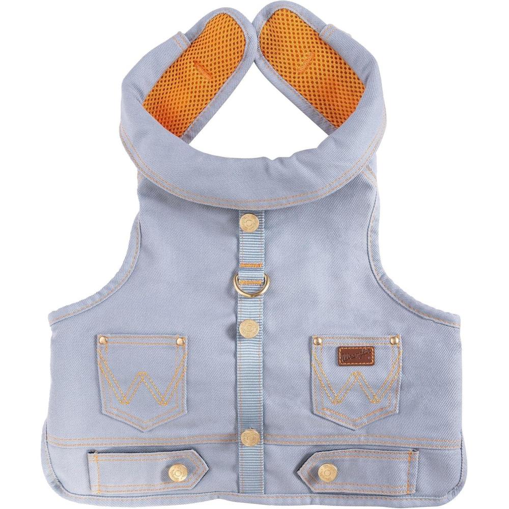 imageWrangler Rope Denim Dog Vest Harness  Breathable Dog Vest with Mesh Lining  Machine Washable Dog Winter Jacket for Easy Cleaning Layer Over Dog Sweater Dark Wash LLight Denim Wash