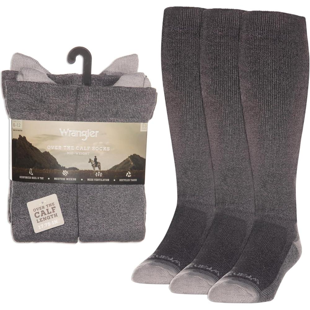 imageWrangler Ryder Western Cowboy Boot Socks for Men Over Calf Cushioned Sole MoistureWicking Durable DesignGrey