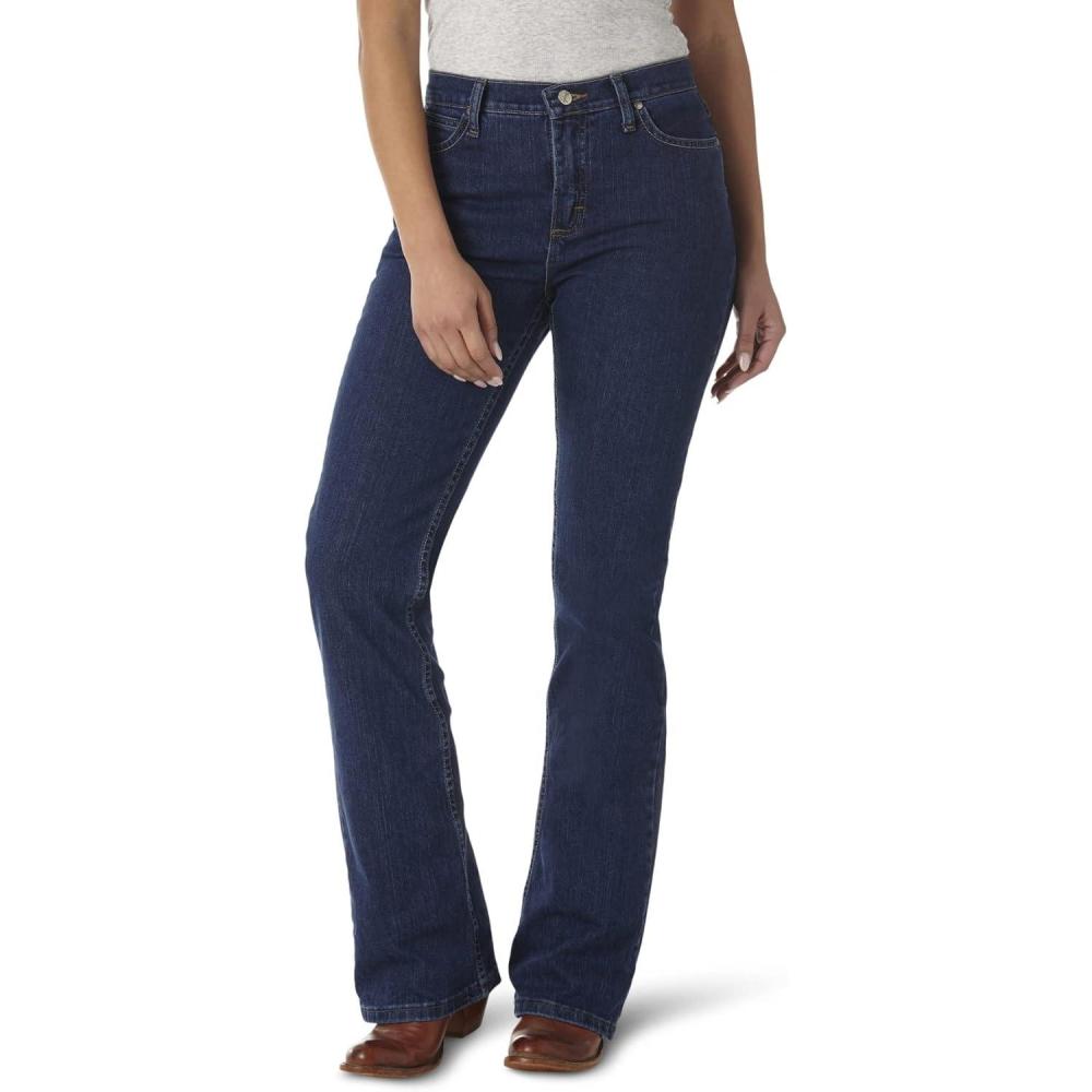 imageWrangler Womens Cash Mid Rise Vented Hem Ultimate Riding JeanCasted Blue Indigo