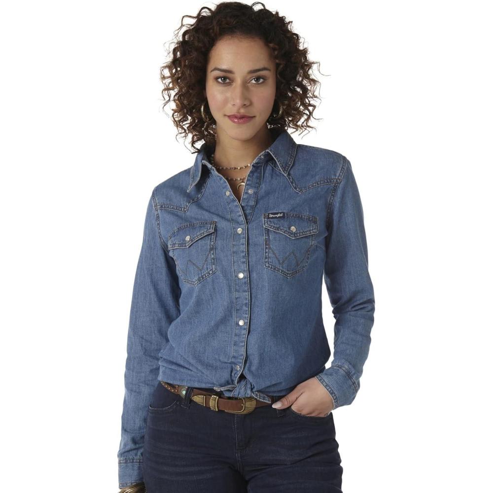 imageWrangler Womens Denim Snap ShirtMid Denim