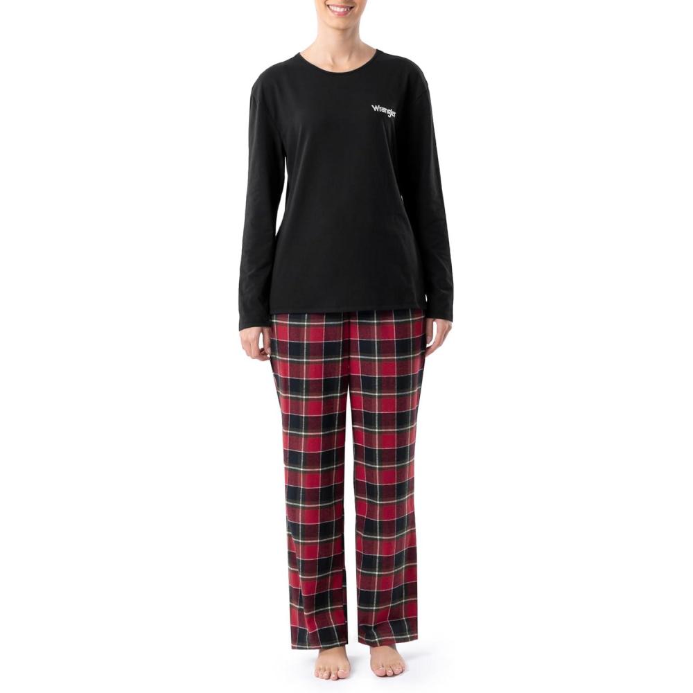 imageWrangler Womens Jersey Top and Flannel Pant Sleep Pajama SetBlackMerry Plaid