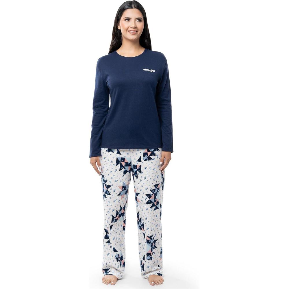 imageWrangler Womens Jersey Top and Flannel Pant Sleep Pajama SetBlue