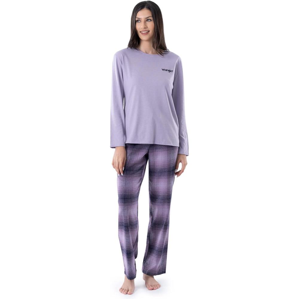 imageWrangler Womens Jersey Top and Flannel Pant Sleep Pajama SetLilacOmbre Plaid
