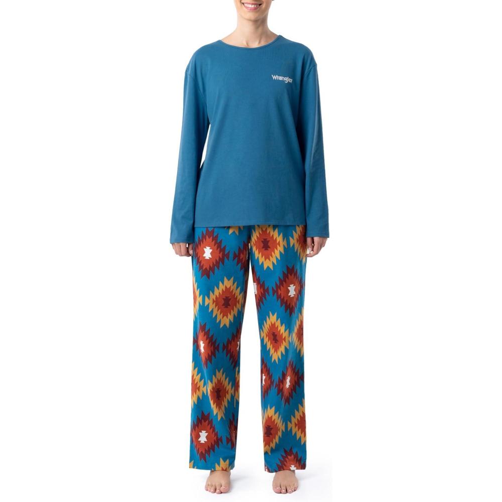 imageWrangler Womens Jersey Top and Flannel Pant Sleep Pajama SetSea BlueSouthwestern Geo