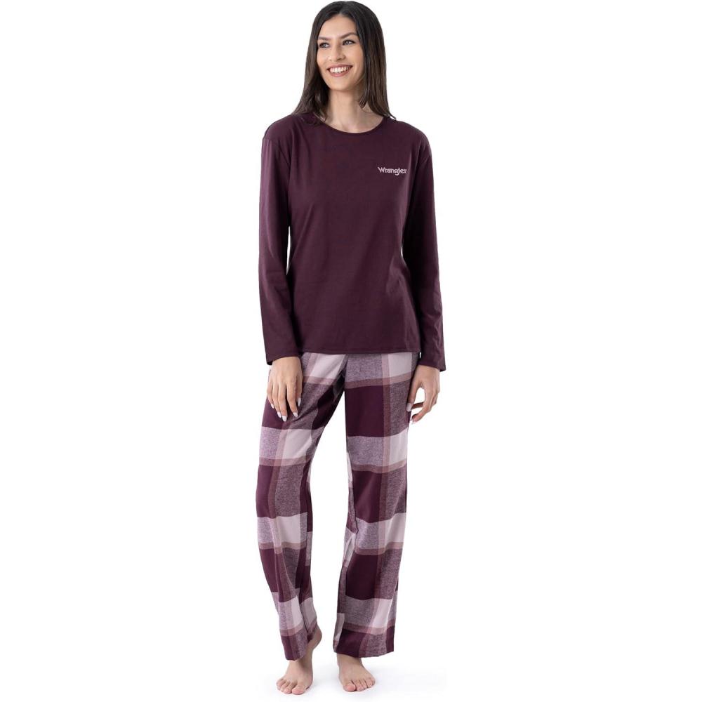 imageWrangler Womens Jersey Top and Flannel Pant Sleep Pajama SetWinePlaid