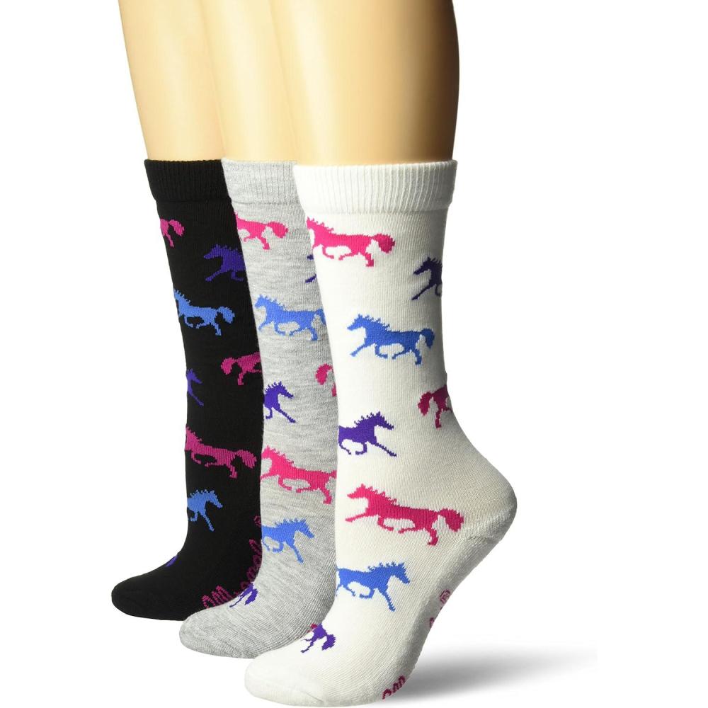 imageWrangler Womens Ladies Horse Crew Socks 3 Pair PackWhiteBlackGrey